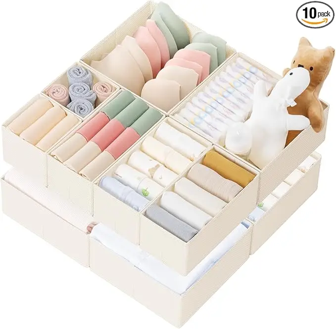 Criusia Drawer Organizer Clothes, 10 Pack Dresser Organizer for Baby Clothes, Underwear, Sock- Foldable Closet Organization and Storage Dividers Bins for Nursery, Bedroom (Beige)