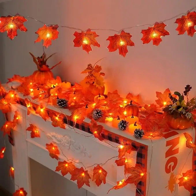 YEGUO 2 Packs Thanksgiving Decorations for Home, Fall Lights Battery Operated, Total 20ft 40 LED Lighted Fall Garland Maple Leaves for Holiday Autumn Harvest Fall Thanksgiving Halloween Decor