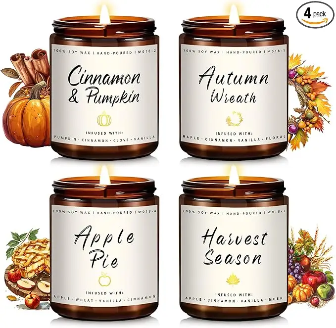Auelife Fall Candle Set | 4 Pack Scented Candles for Home - Candle Gifts for Women Men, Soy Candles Home Scented | Autumn Fragrance of - Apple Pie/Cinnamon/Harvest/Wreath