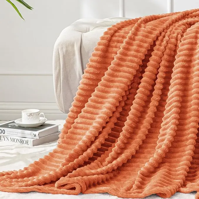 BEDELITE Fall Throw Blanket for Couch - 3D Ribbed Jacquard Soft & Warm Decorative Burnt Orange Blanket, Cozy, Plush, Fluffy, Fuzzy Fleece Throw Blanket for Bed, Sofa 50x60Inches