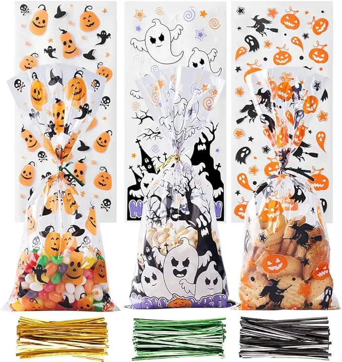 CCINEE Halloween Cellophane Treat Bags, 150pcs Halloween Plastic Clear Candy Bags with 300pcs Twists for Snacks Cookies Packing