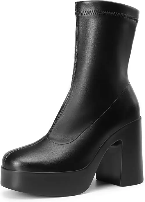 DREAM PAIRS Women's Platform Gogo Ankle Boots High Chunky Block Heel Square Toe Booties Shoes