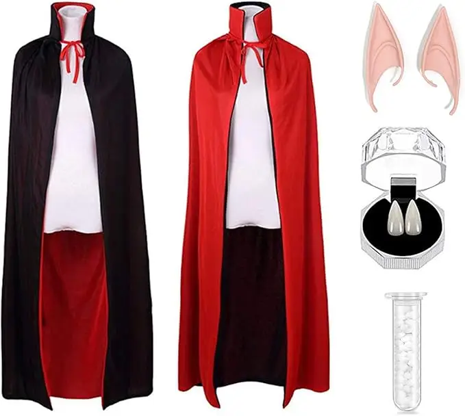 Halloween Vampire Cloak, 55” Reversible Halloween Costume Cape with Vampire Teeth and Ears, Double Layer Magician Costume for Unisex Women and Men (Red and Black)