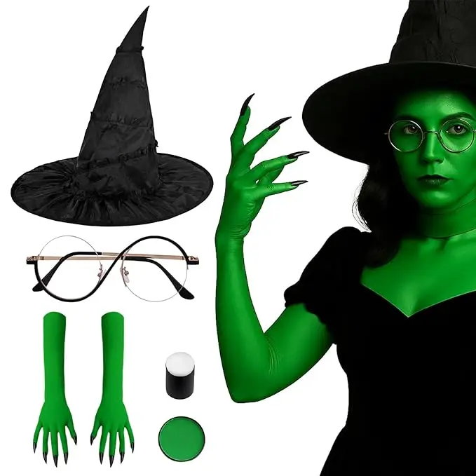 Halloween Witch Costume Set – 5PCS Elphaba Cosplay Kit with Witch Hat, Green Gloves, Glasses & Face Paint | Wicked Costume for Women, Teens, Kids, Halloween Party & Cosplay