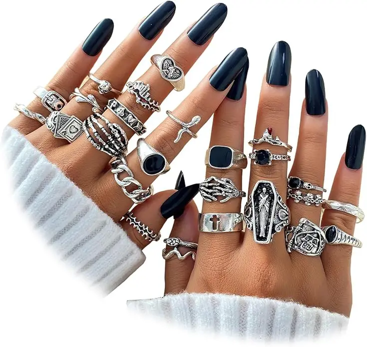 IFKM Vintage Silver Knuckle Rings Set for Women, Stackable Joint Finger Statement Rings Bohemian Retro Hollow Carved Midi Rings, Boho Halloween Skeleton Skull Snake Heart Chunky Stacking Rings Pack