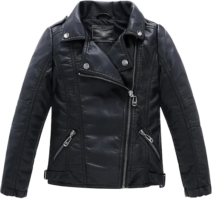LOKTARC Boys Girls Spring Motorcycle Faux Leather Jackets with Oblique Zipper