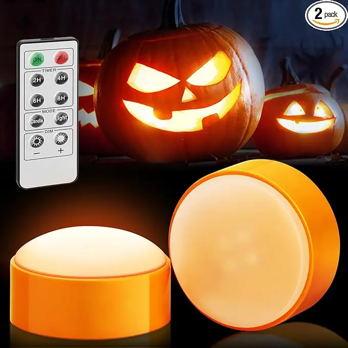 Luditek 2-Pack Halloween LED Pumpkin Lights with Remote and Timer, Battery Operated Orange Jack-O-Lantern Light for Halloween Decor, Flameless Candles for Pumpkin Decorations