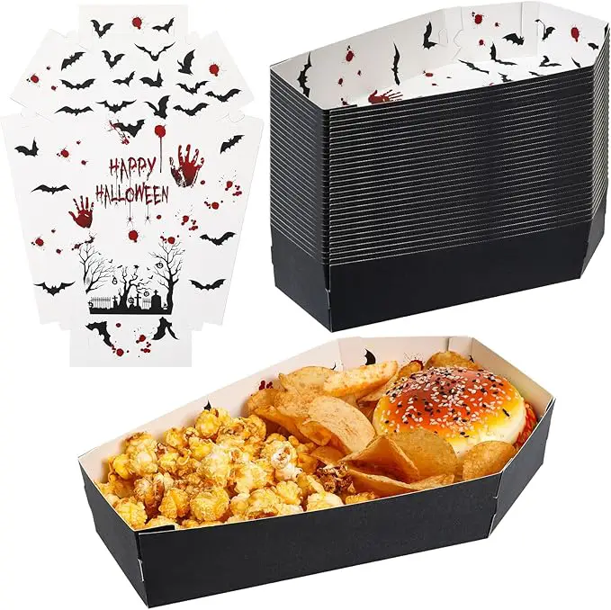 Mumufy 36 Pieces Halloween Paper Tray Disposable Coffin Bowl for Treat Candy Snack Spooky Goth Food Holder Trays for Summer Halloween Party Supplies 10.24 x 6.3 x 1.9 Inches