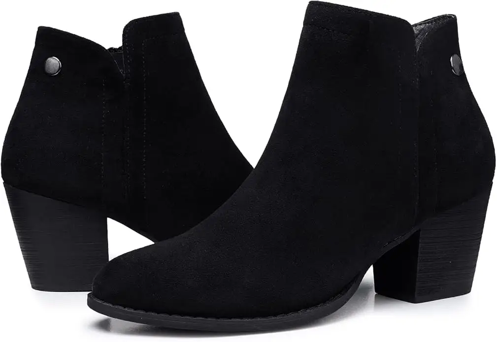 SHIBEVER Women's Ankle Boots Heel: Chunky Low Heeled Almond Toe Short Booties with Zipper Faux Suede Dress Western Fall 2025 Shoes