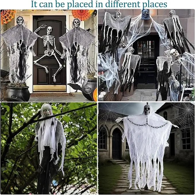 4 Pack Halloween Hanging Ghosts Skeleton Decorations, Grim Reaper with Chain Hanging Decor for Yard Patio Outside Lawn Garden Outdoor/Indoor