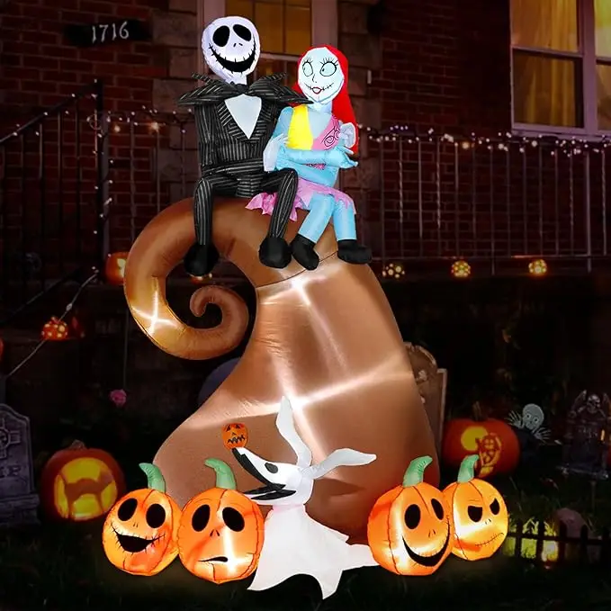 6FT Outdoor Halloween inflatables Decorations,Hill Skeleton Couple Pumpkin Decor, Built-in LED Lights,Blow up Yard Outdoor Garden Halloween Party Decorations