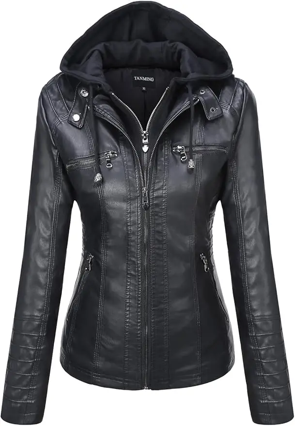 Tanming Womens Faux Leather Jacket Hooded Moto Biker Coat Outerwear Fall Fashion Outfits Winter Clothes