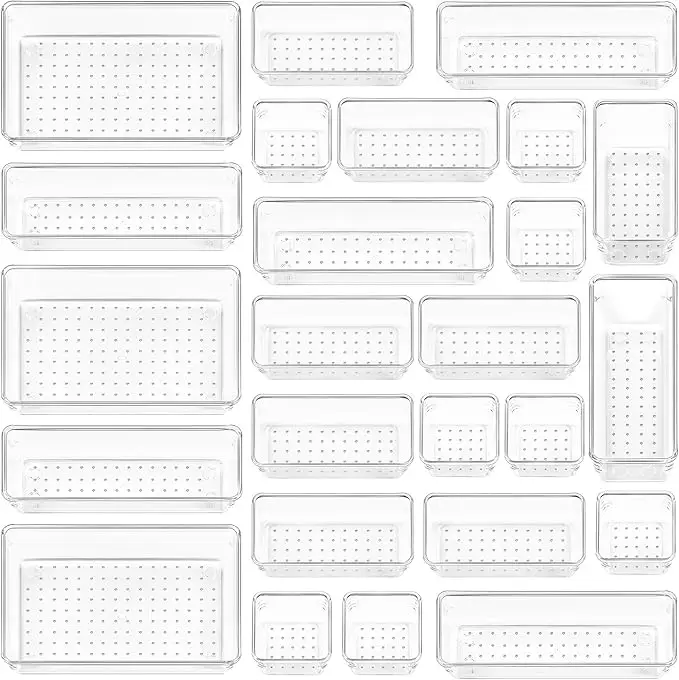 Vtopmart 25 PCS Clear Plastic Drawer Organizers Set, 4-Size Versatile Bathroom and Vanity Drawer Organizer Trays, Storage Bins for Makeup, Bedroom, Kitchen Gadgets Utensils and Office