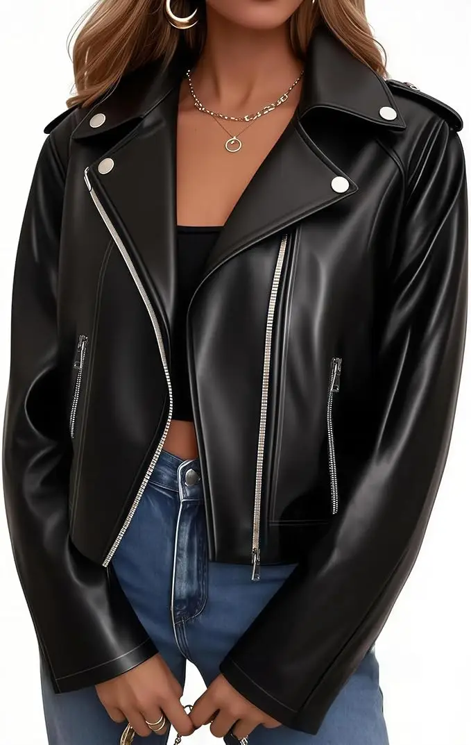 Women Leather Jacket Faux Cropped Coat Cute Short Zip Up for Casual Rock Concert Game Day Edgy Vintage College Gothic Outfit