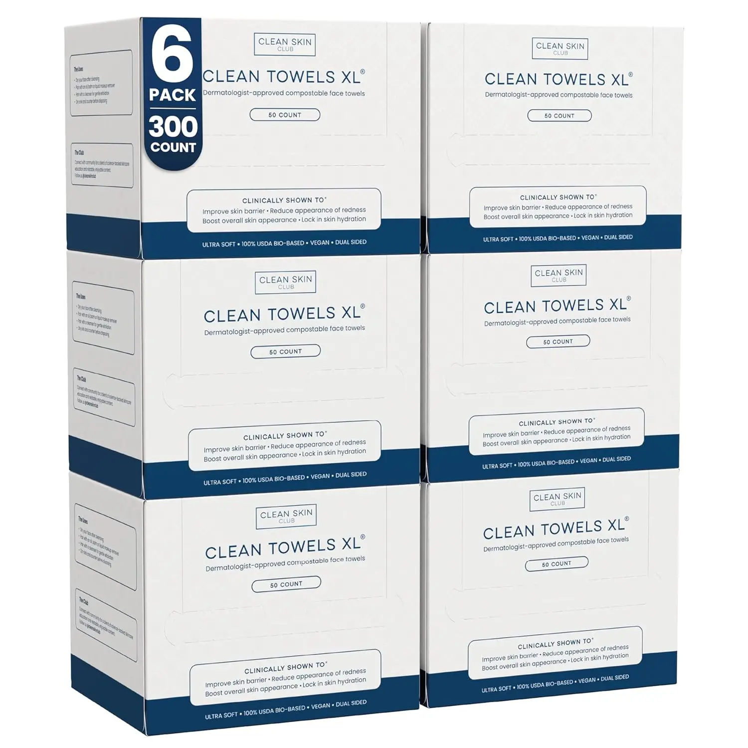 Clean Skin Club Clean Towels XL®, 100% USDA Biobased Face Towel, Disposable Face Towelette, Eczema Association Accepted, Makeup Remover Dry Wipes, Ultra Soft, 50 ct per pack, 6 Packs, 300 Ct Total