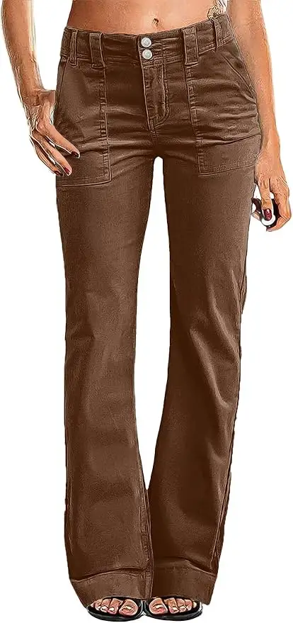 Flamingals Women's Wide Leg Pants for Women Mid Waist Dress Flare Straight Leg Corduroy Pants Workout Jeans Trendy