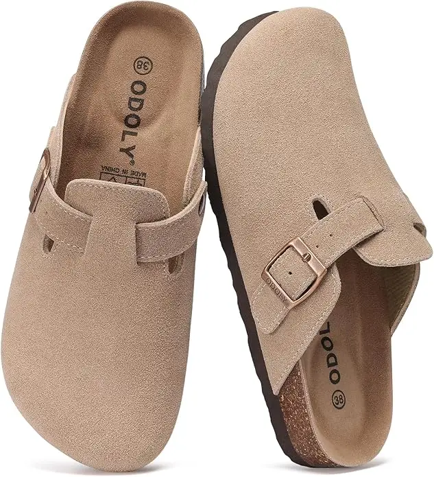Genuine Suede Clogs for Women Men Soft Cork Footbed Leather Mules Comfort Potato Shoes with Arch Support