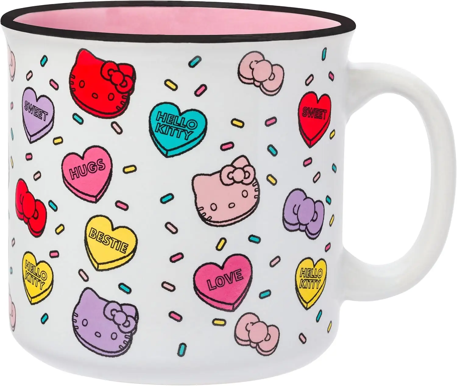 Silver Buffalo Sanrio Hello Kitty Valentine Candy Hearts And Bows Love and Bestie Pattern Ceramic Camper Mug, 20 Ounces
