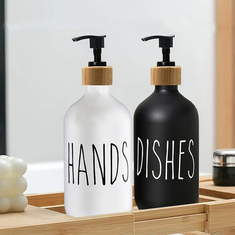 Uliekhy 2pcs 500ml Dish Soap Bottle with Bamboo Pump Kitchen Refillable Liquid Soap Dispenser Hand Soap Lotion Container